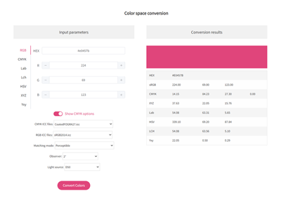 RGB, CMYK, HEX, Lab, Lch, HSV, XYZ One-Click Conversion